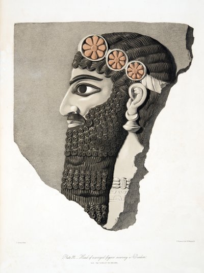 Hoofd van een gevleugeld figuur met een diadeem, uit Monumenten van Nineveh door Austen Henry Layard