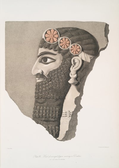Hoofd van een gevleugelde figuur met een diadeem, 1849 door Austen Henry Layard