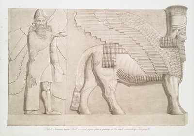 Menshoofdige stier en gevleugelde figuur van een poort in de muur rond Kouyunjik [Quyunjik], 1853 door Austen Henry Layard