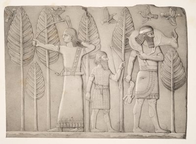 Jagers met gazelle, haas en vogels (Khorsabad), uit Monumenten van Nineveh, uitgegeven 1849 door Austen Henry Layard