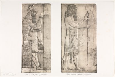 Monumenten van Nineveh: Plaat 6, Vis-god Nimroud, figuur bij een ingang Kouyunjik, 1853 door Austen Henry Layard