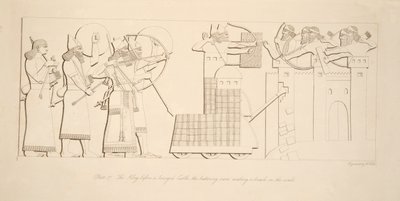 De koning voor een belegerd kasteel, de stormram maakt een bres in de muren, uit Monumenten van Nineveh, uitgegeven 1849 door Austen Henry Layard