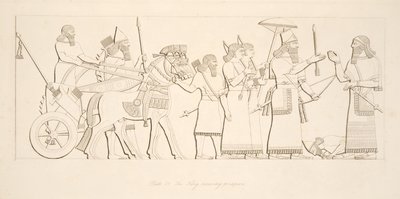 De koning ontvangt gevangenen, uit Monumenten van Nineveh, uitgegeven 1849 door Austen Henry Layard