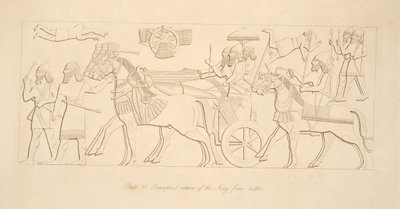 Triomfantelijke terugkeer van de koning uit de strijd, uit Monumenten van Nineveh, uitgegeven 1849 door Austen Henry Layard