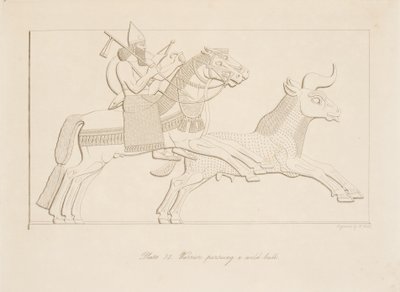 Krijger achtervolgt een wilde stier, uit Monumenten van Nineveh, uitgegeven 1849 door Austen Henry Layard