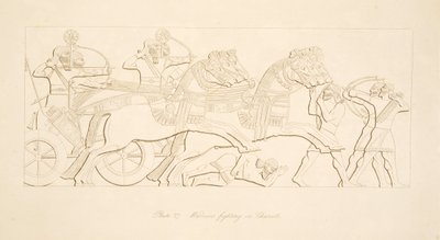 Krijgers vechten in strijdwagens, uit Monumenten van Nineveh, uitgegeven 1849 door Austen Henry Layard