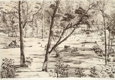 Hut van vrije selectors, uit The History of Australasia door David Blair, McGrady, Thomson, en Niven, 1879 door Australian School