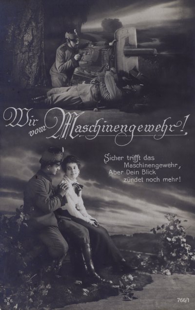 Oostenrijkse machinegeweerschutter op het slagveld en met zijn geliefde door Austrian Photographer