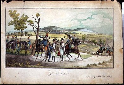 Een processie van Habsburgse soldaten in een landschap door Austrian School