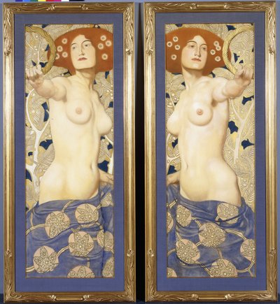 Een paar pastels op papier, die halfnaakte vrouwelijke figuren voorstellen, c.1900 door Austrian School