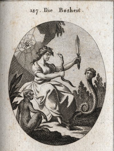 Allegorie van de mechaniek. Ze kijkt gelukkig met een aspic en een dolk. Haar attributen zijn de slang met een menselijk gezicht die bedrog wenst, de aap die het embleem van boosaardigheid is, en de spin die verwijst naar vallen. Gravure in 
