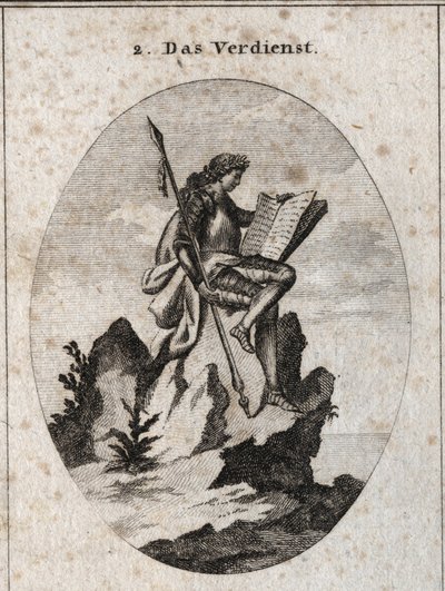 Allegorie van verdienste op de top van een steile rots met wapens en een boek die het resultaat van zijn werken en studies symboliseren. Gravure in 