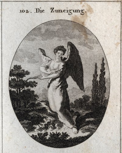 Allegorie van genegenheid of vriendelijkheid. Zijn attribuut is de hagedis, symbool van zijn vriendelijkheid en natuurlijke genegenheid voor mensen. Gravure in 