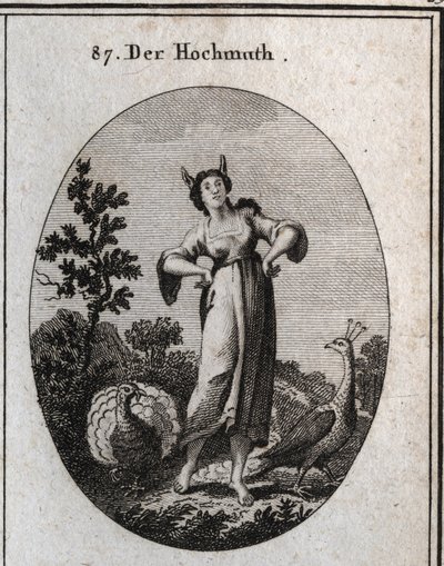 Allegorie van arrogantie. Zijn ezelsoren markeren onwetendheid en zijn houding duidt op zijn trots. De pauw is een symbool van trots en de kalkoen die het wiel maakt is dat van domheid. Gravure in 