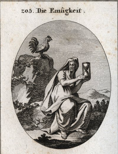 Allegorie van waakzaamheid. Ze houdt een zandloper vast en zit aan de voet van een rots omgeven door een klimopplant. De haan is haar attribuut omdat waakzaamheid niet zonder waakzaamheid bestaat. Gravure in 