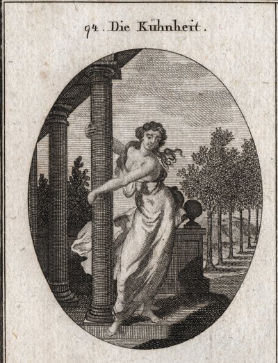 Allegorie van durf die een kolom omhelst die een gebouw ondersteunt, terwijl ze probeert het neer te halen; Gravure in 
