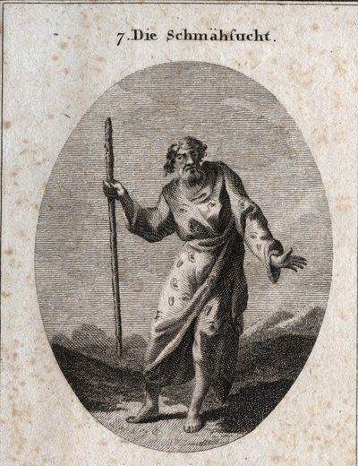 Allegorie van verwijt voorgesteld door Momus, de god van satire en berisping, als een oude man die spreekt en de aarde slaat. Zijn kleding is bezaaid met oren, ogen en tongen. Gravure in 