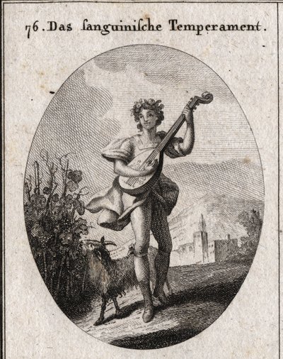 Allegorie van bloedteint. De geit die druiven eet toont aan dat bloed wordt gebracht naar de geneugten van liefde en bacchus. Gravure in 