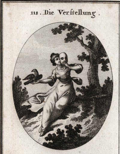 Allegorie van verberging. Ze bedekt haar gezicht met een masker, symbool van het valse. Haar attribuut is een ekster, zowel wit als zwart, en haar strelingen zijn vermengd met snavels. Gravure in 