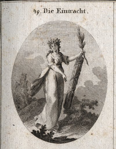 Allegorie van concordie afgebeeld met een kroon van granaatappels, embleem van eenheid. De olijftak en een symbool van vrede en de bundel stokken strak samengebonden markeren de kracht van verenigde krachten. door Austrian School