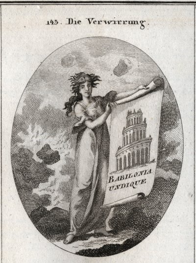 Allegorie van verwarring die een tekening vasthoudt die de Toren van Babel voorstelt met het woord 