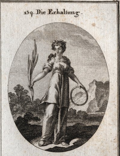 Allegorie van behoud. De ceder tak is onvergankelijk maar is ook het embleem van behoud en de cirkel dat van de continue opvolging. Ze draagt een kroon van aromatische planten die door de Egyptenaren werden gebruikt om de doden te bewaren. Gravure in 