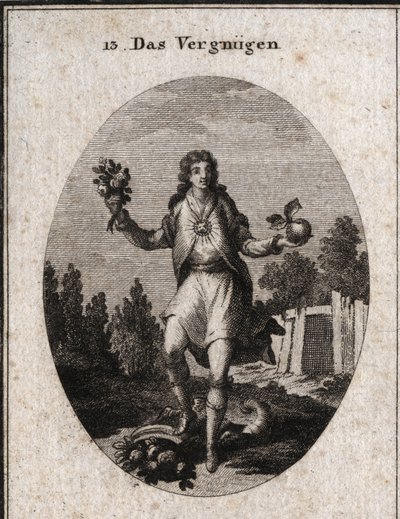 Allegorie van tevredenheid voorgesteld door een jonge man die met één hand een gouden appel vasthoudt en met de andere een boeket bloemen. Ze tonen aan dat alles wat hem omringt deelneemt aan zijn vreugde, die wordt gesymboliseerd door de robijn die op zij door Austrian School