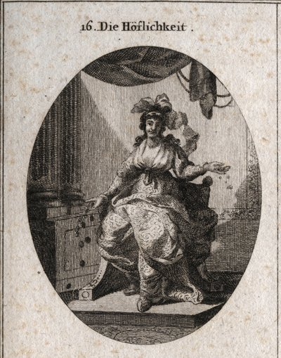 Allegorie van hoffelijkheid, voorgesteld door een rijke, sierlijke en glimlachende vrouw die geld en sieraden uitdeelt. Gravure in “Iconologie oder Ideen aus dem Gebiete der Leidenschaften und Allegorien bildich dargestellt für Zeichner, Mahler, Dichter, G door Austrian School