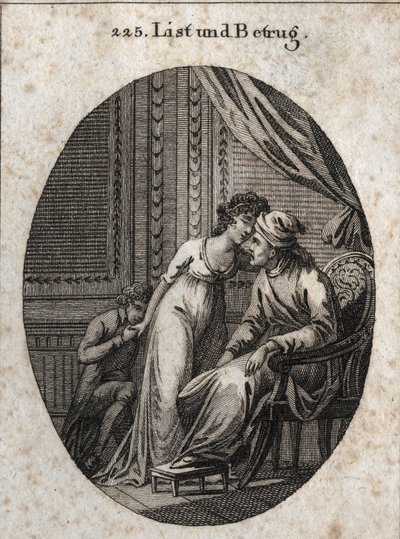 Allegorie van sluwheid en bedrog. Uitdrukking: Wie je meer liefkozingen geeft dan gewoonlijk, het is een teken dat hij je heeft bedrogen of dat hij je wil bedriegen. Gravure in 