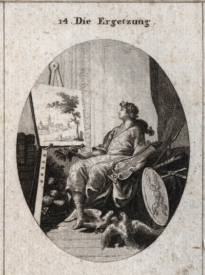 Allegorie van genot voorgesteld door een jonge man met een lier naast een schilderij met fruit, boeken, wapens en twee duiven die elkaar strelen, alles symboliseert de charme van de zintuigen. Gravure in 