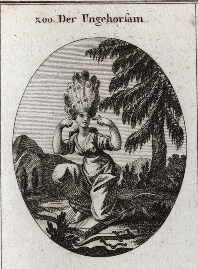 Allegorie van ongehoorzaamheid. Het boek van schaamte markeert haar minachting voor de wetten en voorschriften die ze domineert door de rem en het juk te vertrappen. Ze sluit haar oren om geen berispingen te horen. Haar haar is pauwenveren. Gravure in "Ico door Austrian School