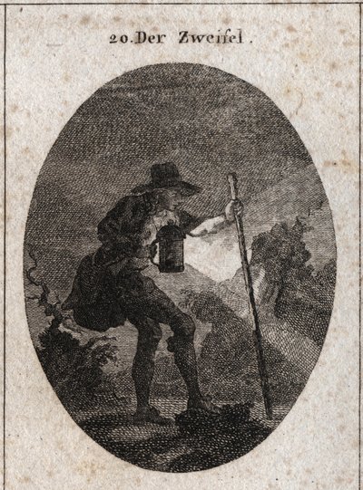 Allegorie van twijfel afgebeeld door een jonge man die door de duisternis loopt met een lantaarn en een boot die hij helpt zijn weg te vinden door verschillende met stenen gevulde paden. door Austrian School
