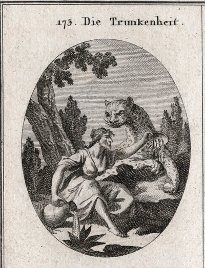 Allegorie van dronkenschap. Ze houdt een kruik en een beker vol wijn vast. Haar symbool is een panter, symbool van de woede van dronkenschap. Gravure in 