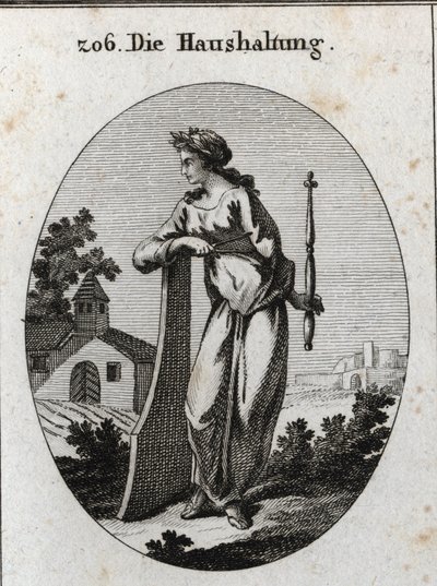 Allegorie van economie. Ze is gekroond met een olijftak die vrede symboliseert. Ze leunt op een roer en houdt een scepter en kompas vast, symbolen van macht en het exacte bestuur. Gravure in 