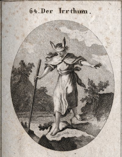 Allegorie van fout in een wankele houding met een blinddoek en ezelsoren om aan te geven dat blindheid en onwetendheid de bronnen van fouten zijn. Ze gaat richting een afgrond, tastend met haar stok. Gravure in 