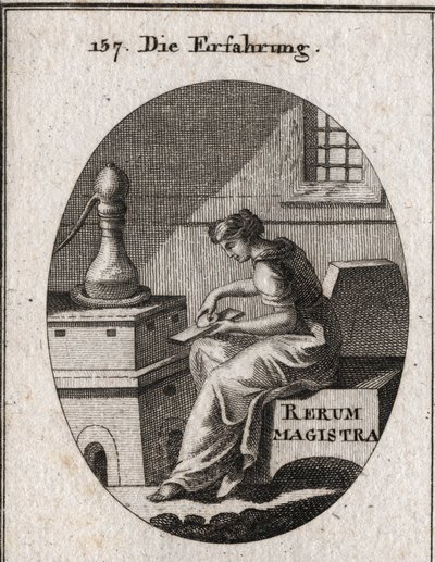Allegorie van ervaring die het resultaat is van studie en tijd. Ze probeert goud op een sleutelplaat. Gravure in 