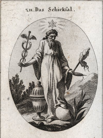 Allegorie van het lot. Een ster erboven weerspiegelt astrologische rapporten over incidenten in het menselijk leven. Hij houdt met één hand een bladverliezend symbool van zijn macht en in de andere een rietstengel en een spoel waarvan de gebroken draad de  door Austrian School