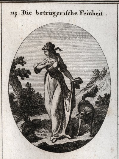 Allegorie van finesse die de neiging heeft te misleiden. Ze wordt afgebeeld met één hand op haar borst en een andere hand achter haar rug met een vos, symbool van misleiding. Gravure in 