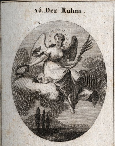 Allegorie van glorie op een wolk. Ze houdt een palm vast en presenteert lauwerkransen waarmee ze haar favorieten beloont. Haar vleugels markeren haar verheffing. Gravure in 