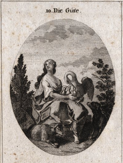 Allegorie van goedheid vertegenwoordigd door een nobele en overvloedige schoonheid die met liefde naar de hemel kijkt. Pelikaan symboliseert liefdadigheid, hond trouw en lam, zachtheid. Gravure in 