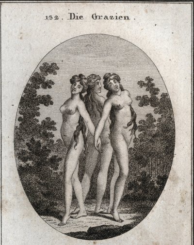 Allegorie van gratie. De drie gratiën: Euphrosine die vreugde en tevredenheid betekent, Aglaya die imposante schoonheid symboliseert en Thalia die genot betekent. Gravure in 
