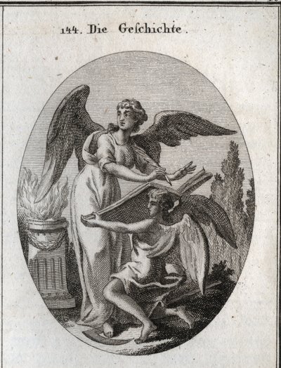 Allegorie van geschiedenis. Haar handelingen van luisteren en schrijven in een groot boek ondersteund door de tijd betekenen de handeling van geïnformeerd worden om het geheugen van voorbijgaande dingen te herschrijven. Gravure in 