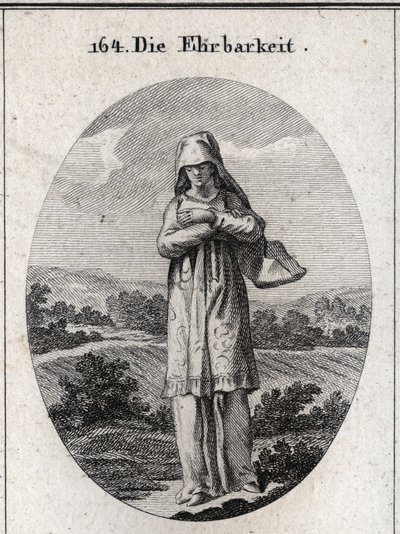 Allegorie van eerlijkheid. Haar ogen zijn bedekt met een sluier die de helft van haar gezicht verbergt omdat de ogen de spiegel van de ziel zijn en het eerste zintuig waardoor ze zichzelf corrumpeert. Gravure in 