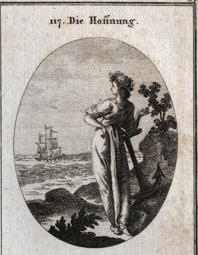 Allegorie van hoop rust op een anker en observeert een schip aan de horizon. Gravure in 