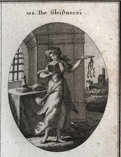 Allegorie van hypocrisie die een gebedenboek en discipline (roede, zweep) vasthoudt. De trompet die ze op haar schouder heeft markeert dat ze haar goede werken met nadruk publiceert. Gravure in 