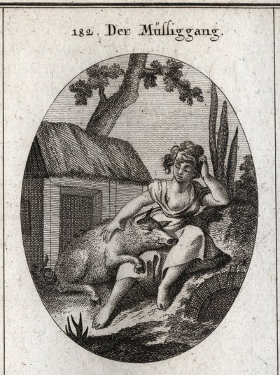 Allegorie van luiheid afgebeeld door een half slapende vrouw die met één hand haar hoofd krabt en met de andere rust op een varken dat op haar knieën slaapt. Gravure in 