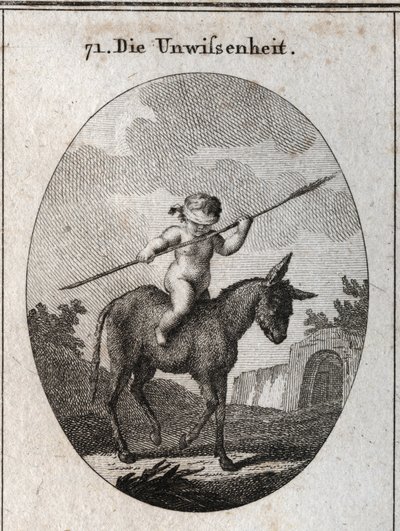 Allegorie van onwetendheid voorgesteld door een kind dat op een ezel rijdt, zijn ogen bedekt met een rietstok (symbool van de lege hersenen). Gravure in 