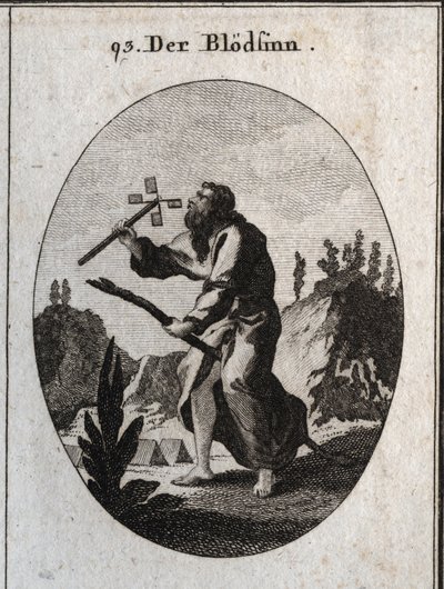 Allegorie van imbeciliteit of dementie weergegeven door een oude man op een riet, attribuut van kwetsbaarheid en ouderdom. Hij houdt een kaartmolen vast die hij blaast om te draaien. Gravure in 