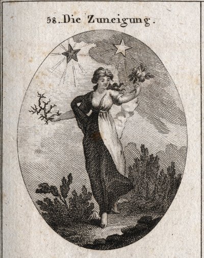 Allegorie van neiging. Ze houdt een boeket rozen en een boeket doornen vast en kijkt besluiteloos naar haar keuze. Achter haar is een heldere en gunstige ster (die van Jupiter) en een donkere en schadelijke ster (die van Saturnus). Gravure in 