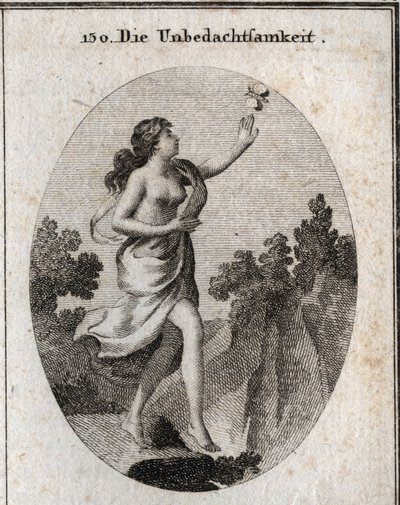 Allegorie van onbezonnenheid. Ze loopt terwijl ze naar een vlinder kijkt zonder te zien dat er een afgrond aan haar voeten is. De passer en de regels tonen aan dat ze geen enkele maat kent of houdt. Gravure in 